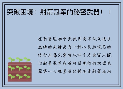 突破困境：射箭冠军的秘密武器！ !